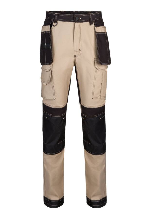 Pantalón canvas stretch bicolor con bolsillos flotantes beige